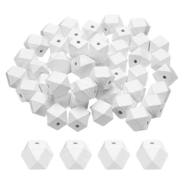 Uxcell 50 piezas de cuentas de madera geométricas blancas de 20 mm, cuentas sueltas de polígonos para hacer joyas, collares, pulseras y manualidades.
