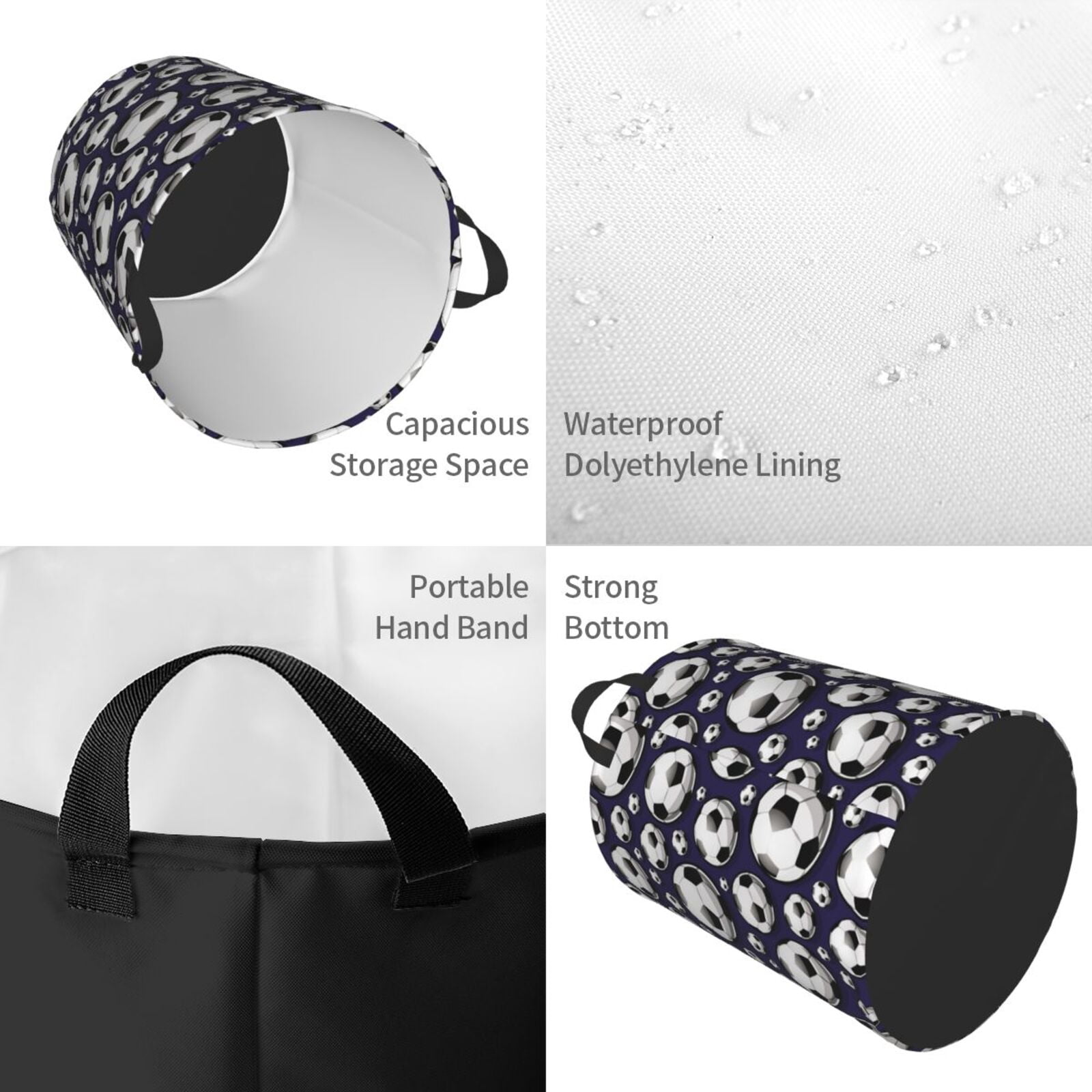 Large Laundry Basket with Handles - football soccer ball navyblue Kids Baby Dirty Clothes Laundry Hamper for Bedroom Aesthetic
