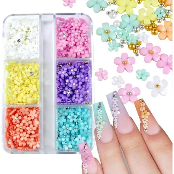 6 Colors Flowers Nail Charms Pearls, Rhinestones & Caviar Beads DIY Nail Art Decorations & Craft Accessories for Acrylic Nails