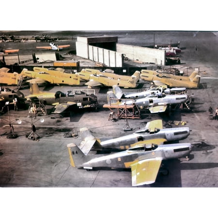 LAMINATED POSTER P-82 Twin Mustang fuselages in storage at North American Aircraft in 1947 and two jet engined FJ-1 F Poster Print 24 x