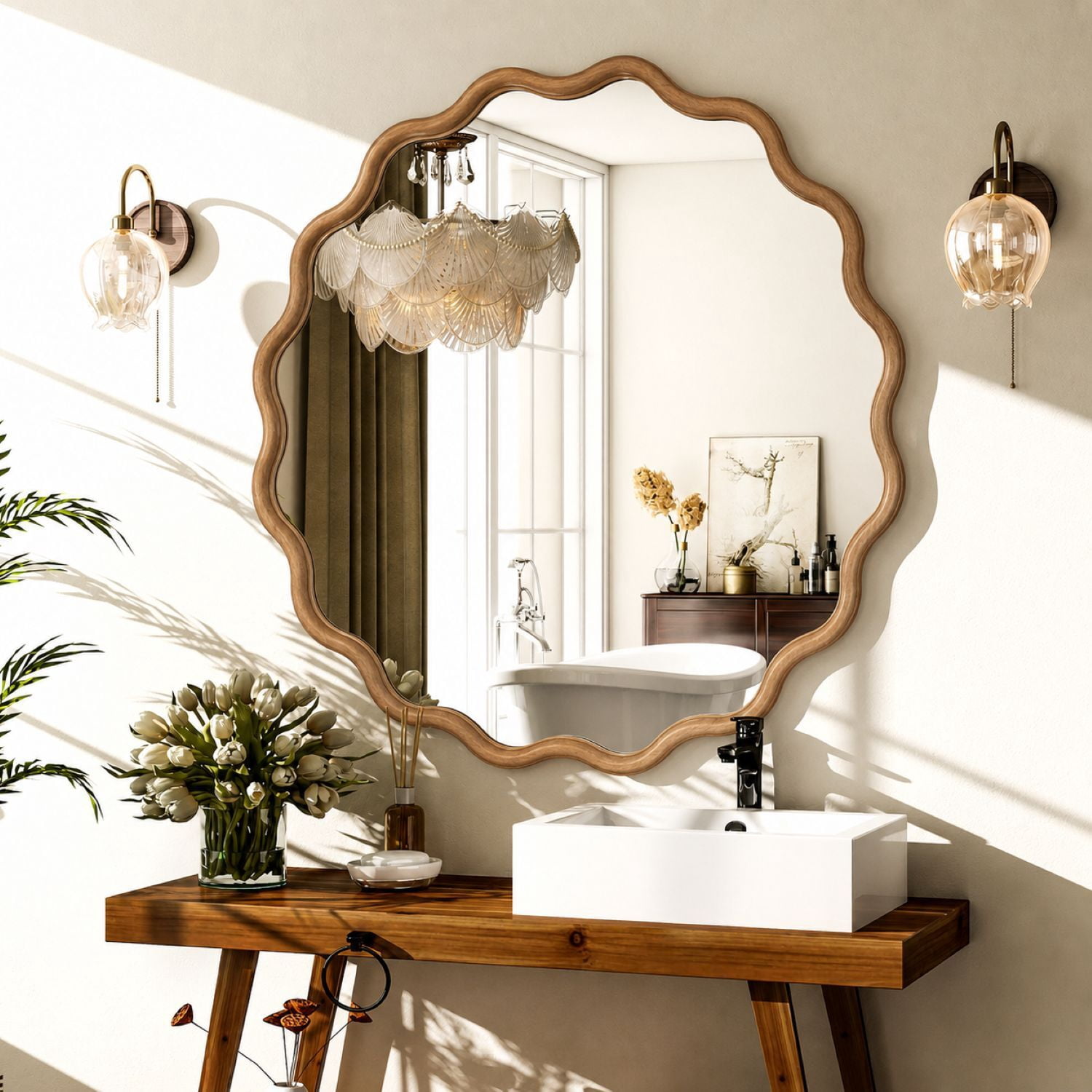 Easy4Home 30" x 30" Wavy Round Bathroom Mirror Wall Decor with Wooden Frame, Natural Wood