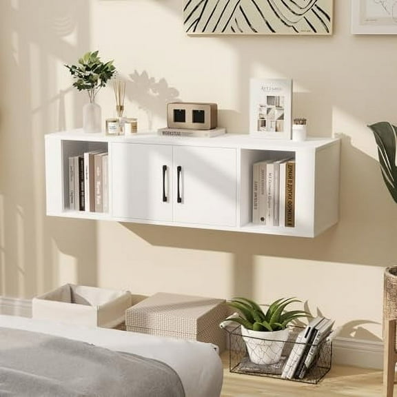 GOFLAME Floating TV Stand, Wall Mounted TV Console Table with Doors, Entertainment Media Center Under TV, Modern TV Cabinet for Living Room, Bedroom, Office, White