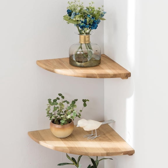 Corner Shelves, Floating Shelf, Set of 2 7inch Solid Oak Wood Wall Round End Mount with Wire Hole Shelving for Small Plant Bedroom Kitchen, Living Room