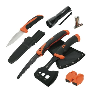 Ozark Trail 7-Piece Camping Tool Set with Hammer, Axe, Flashlight, and Knives, Batteries Included