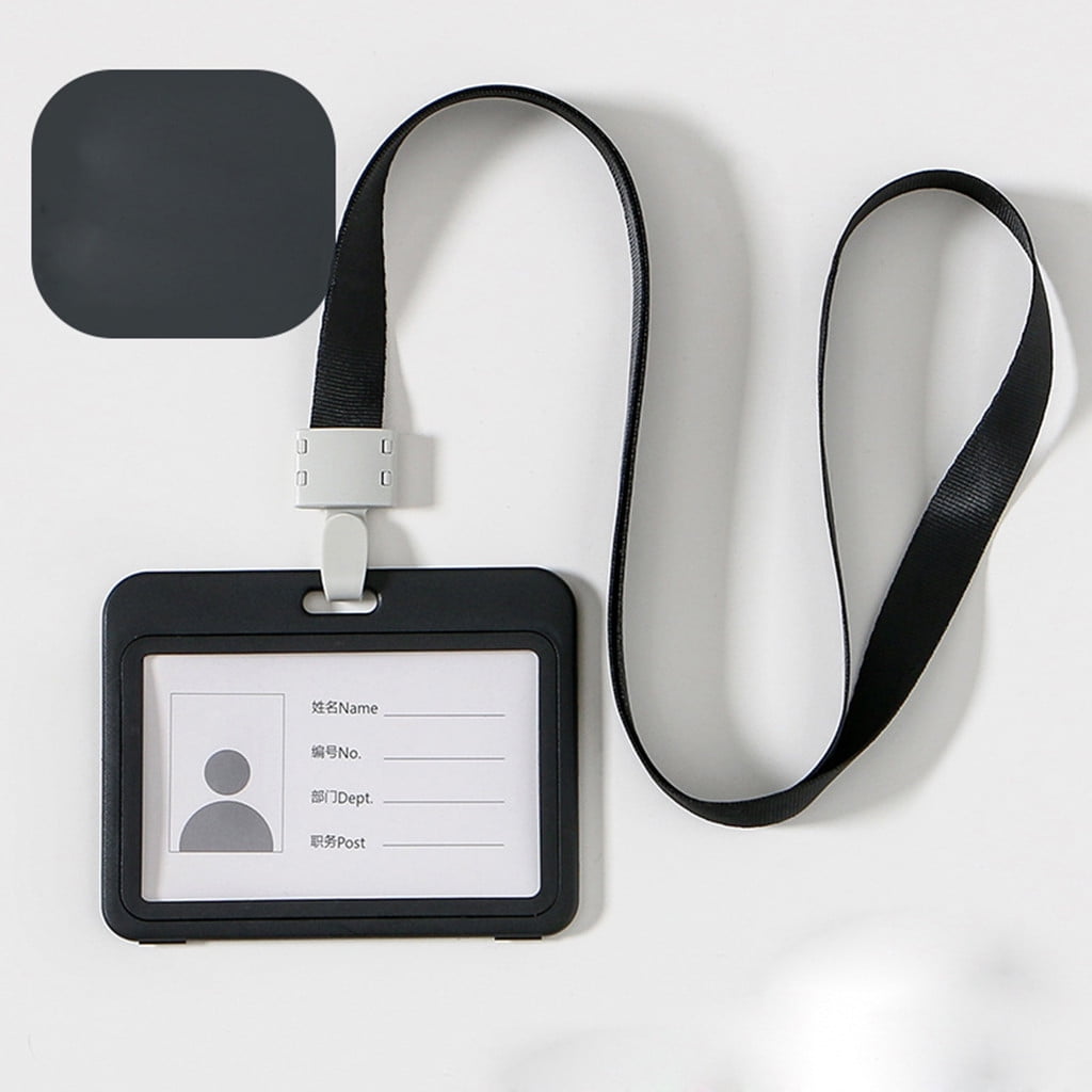ID Badge Holder, Double-Sided Windows Horizontal Hard Plastic Case, Detachable Neck Lanyard, Card Protector for Office School ID Credit Cards Proximity Key Cards (Black)