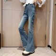 thumbnail image 2 of BOOMNY Girls Baggy Flared Jeans Straight Leg Jeans for Girl Trendy Bowknot Embroidery Elastic Waist Lightweight Loose Fit Soft Denim Pants With Pocket, 2 of 3