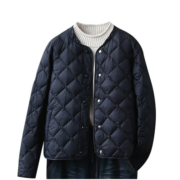 JUUYY Women's Lightweight Quilted Puffer Jackets Button Down Collarless Casual Solid Winter Puffy Solid Color Coat with Pockets Black L