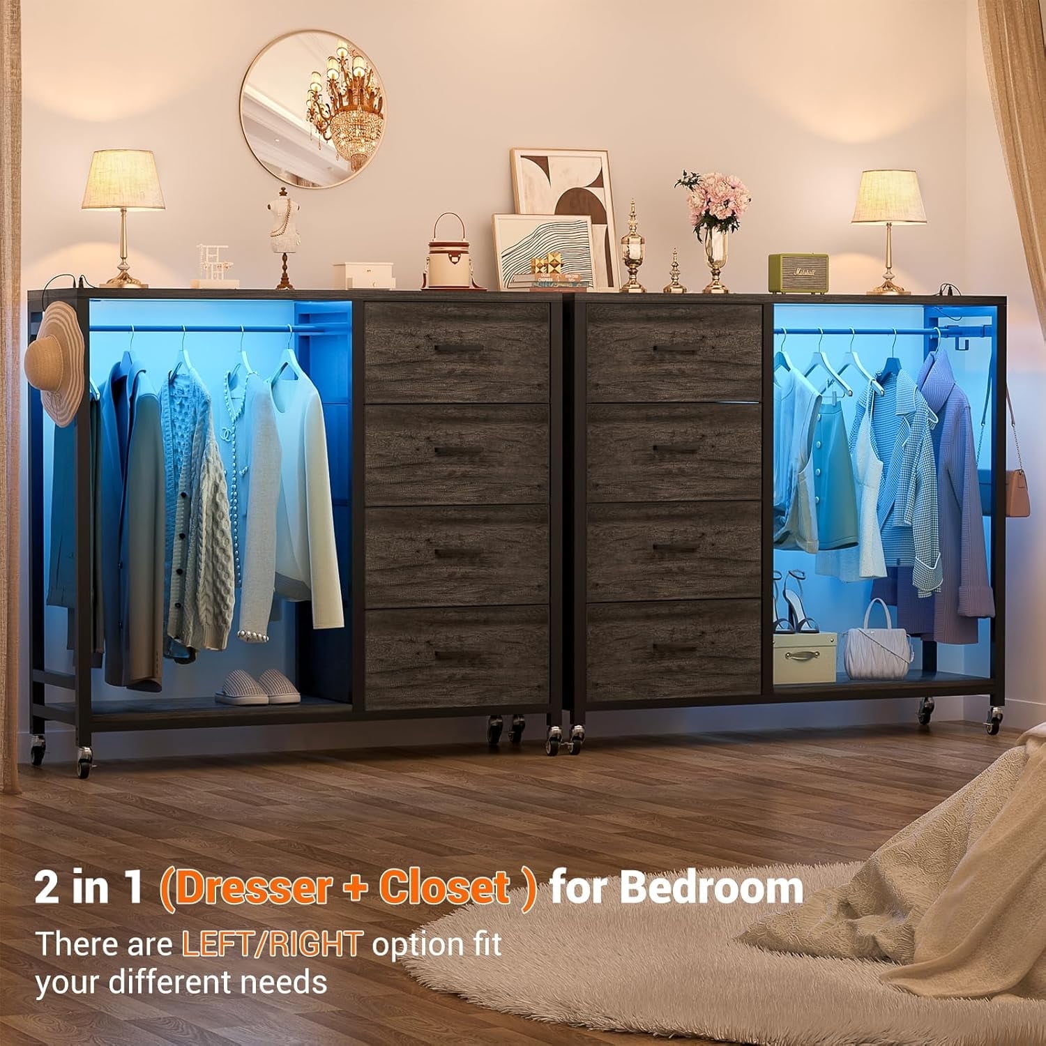 Homieasy Dresser with Hanging Rack & 4 Drawers, Dresser with Clothes Rack for Bedroom with LED Lights, Charging Staion, Storage Chest with Wheels, Black Oak
