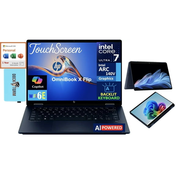 HP OmniBook X Flip 2-in-1 AI PC 2-in-1 Laptop 14.0in Touchscreen IPS WUXGA Display (Intel Ultra 7-256V, 16GB LPDDR5X, 4TB PCIe SSD, Win 11 Home) w/Microsoft 365 Personal , DKZ USB Port Expander