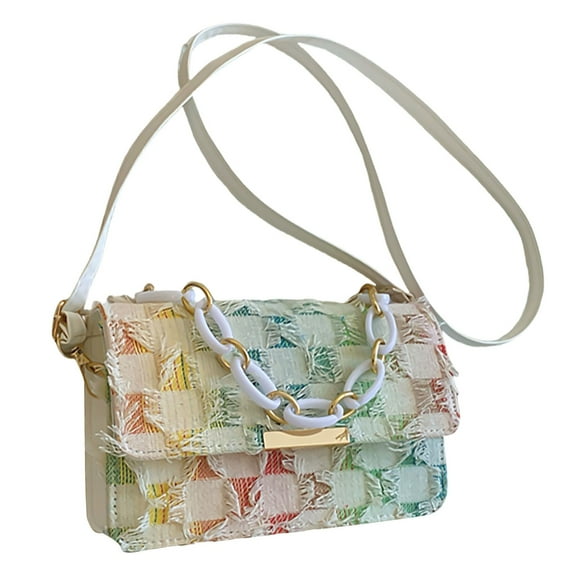 Yokua Denims Tassels Handbag with Chain Handle Women Stylish Checkered Shoulder Bag