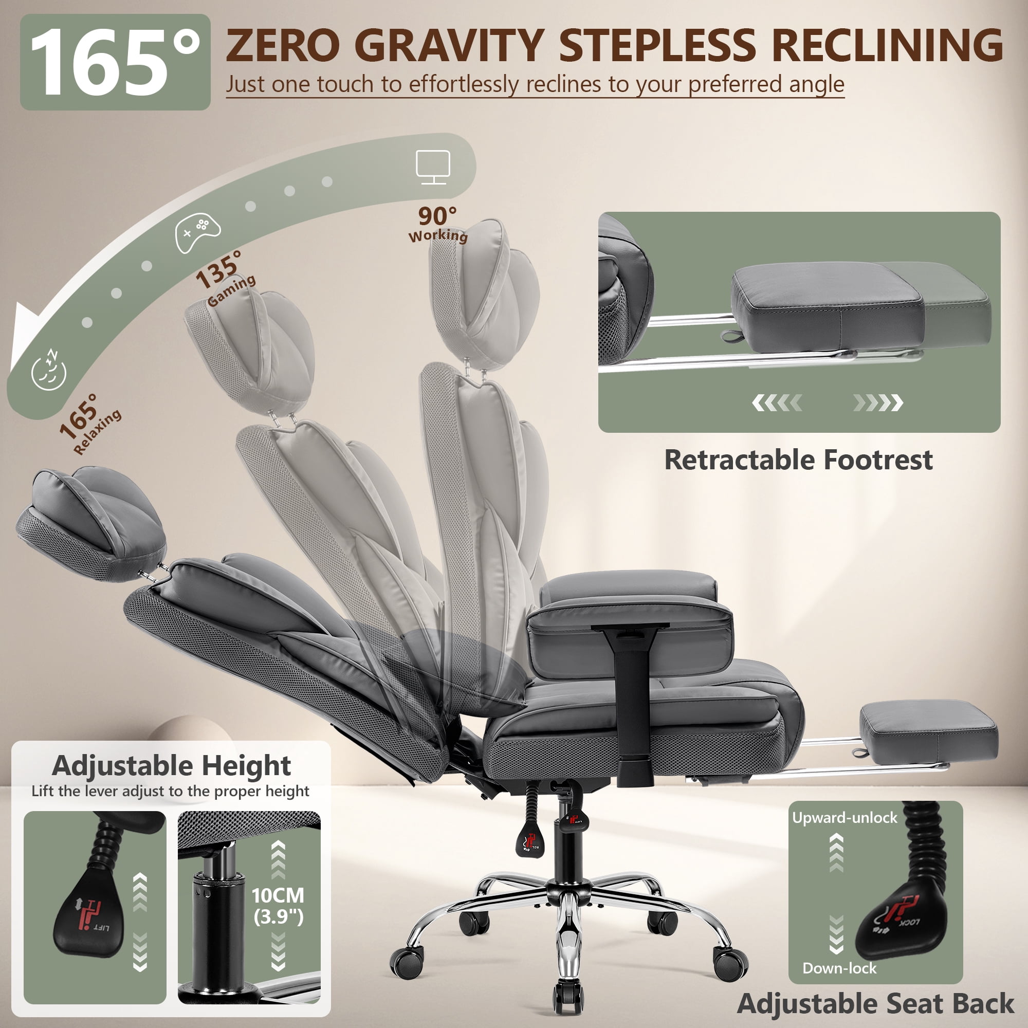 COOLHUT Big and Tall PU Leather Office Chair with Adjustable Headrest & Footrest, Executive Computer Desk Chair with 3D Adjustable Padded Armrest, Ergonomic Office Chair with Lumbar Support, Gray
