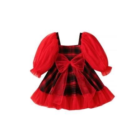 

Toddler Baby Girls Christmas Plaid Mesh Dress Square Neck Puff Long Sleeve Tulle Dress Princess Party Dresses