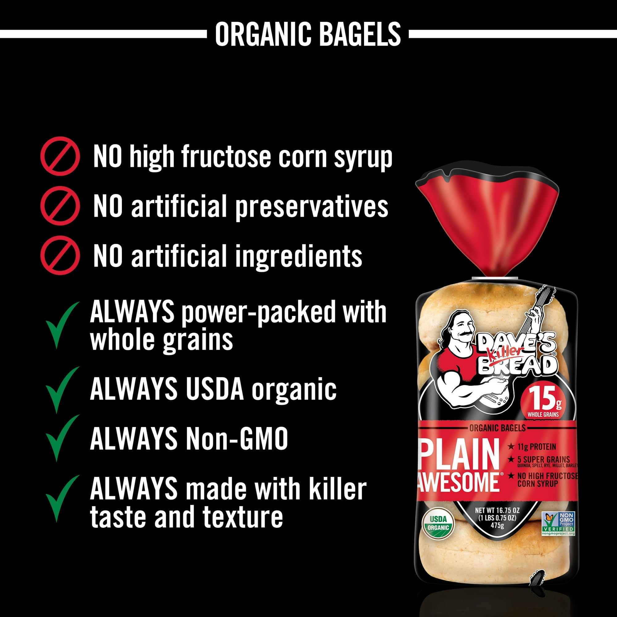 Dave's Killer Bread Plain Awesome Bagels, Organic Bagels, 15g Whole Grains per Bagel, 5 Count (Pack of 2)