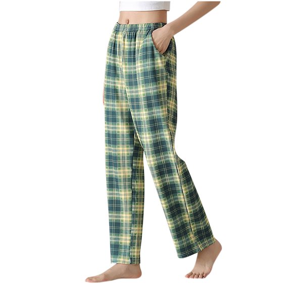 KyCheLot Plaid Pajama Pants for Women Cotton Soft Elastic Waist Sleep Pants with Pockets Straight Leg Pants