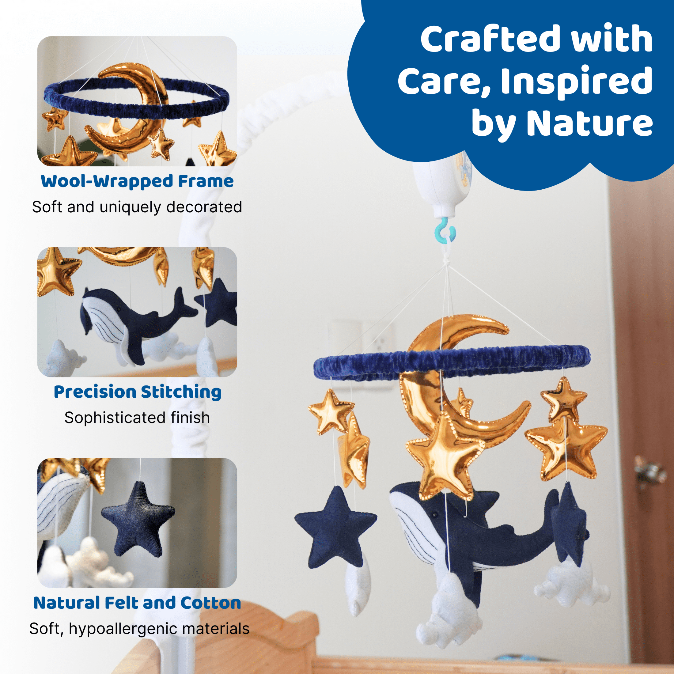 TINITIGIES Crib Mobile - Handmade Felt Ocean Whale Theme, 12 Piano Lullabies, 360° Movement