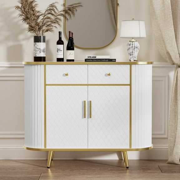 Feishominoo Sideboard Buffet Cabinet with Storage, 43" Oval Curved Storage Cabinet with 2 Doors and Drawers, White