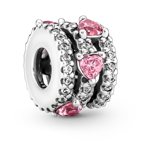 NINGAN 925 Sterling Silver Pink Sparkling Triple Halo Hearts Charm for Women Moment Charm Bracelet