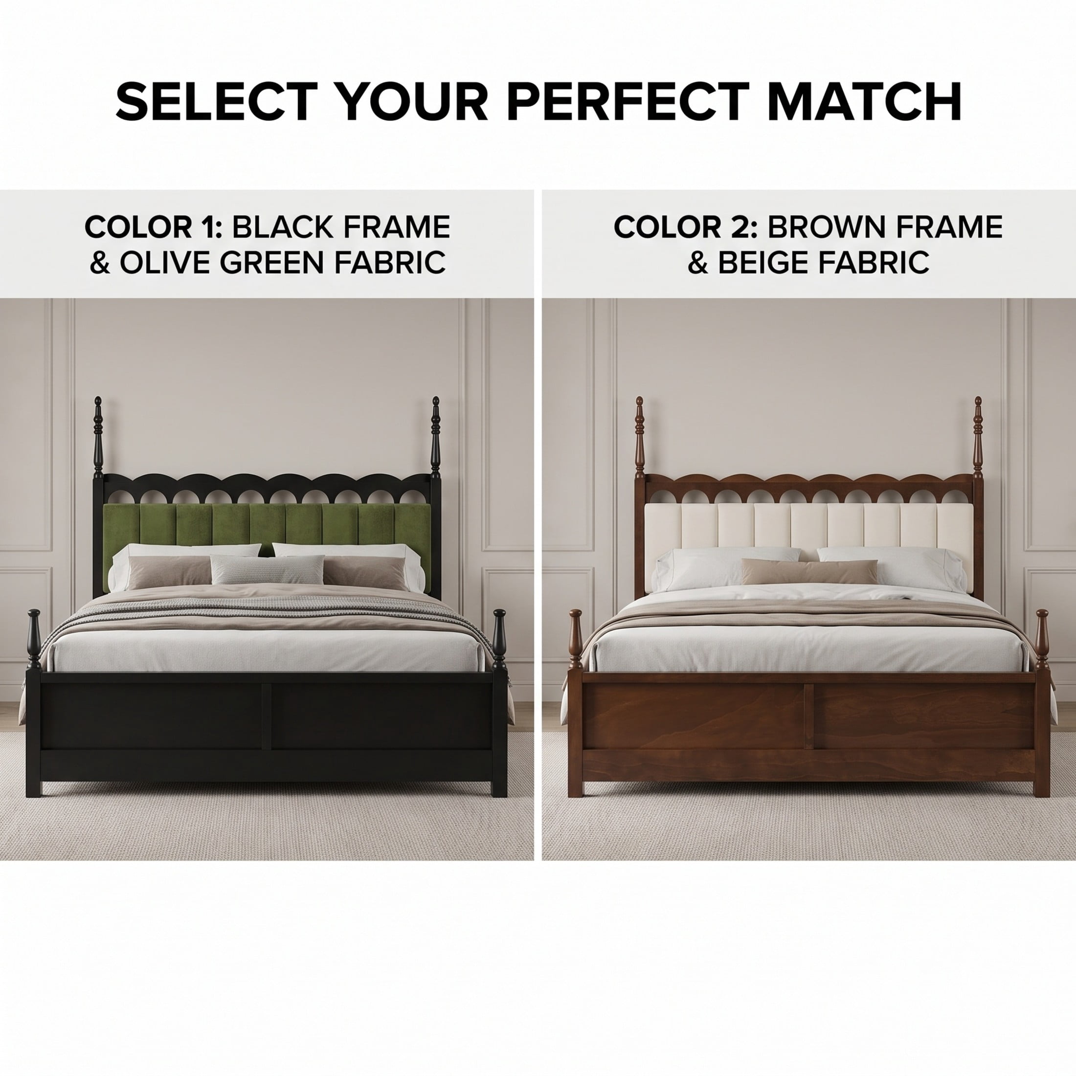 Christopher Knight Home Queen Wood Bed Frame with Scalloped Tufted Chenille Headboard, Brown+Beige