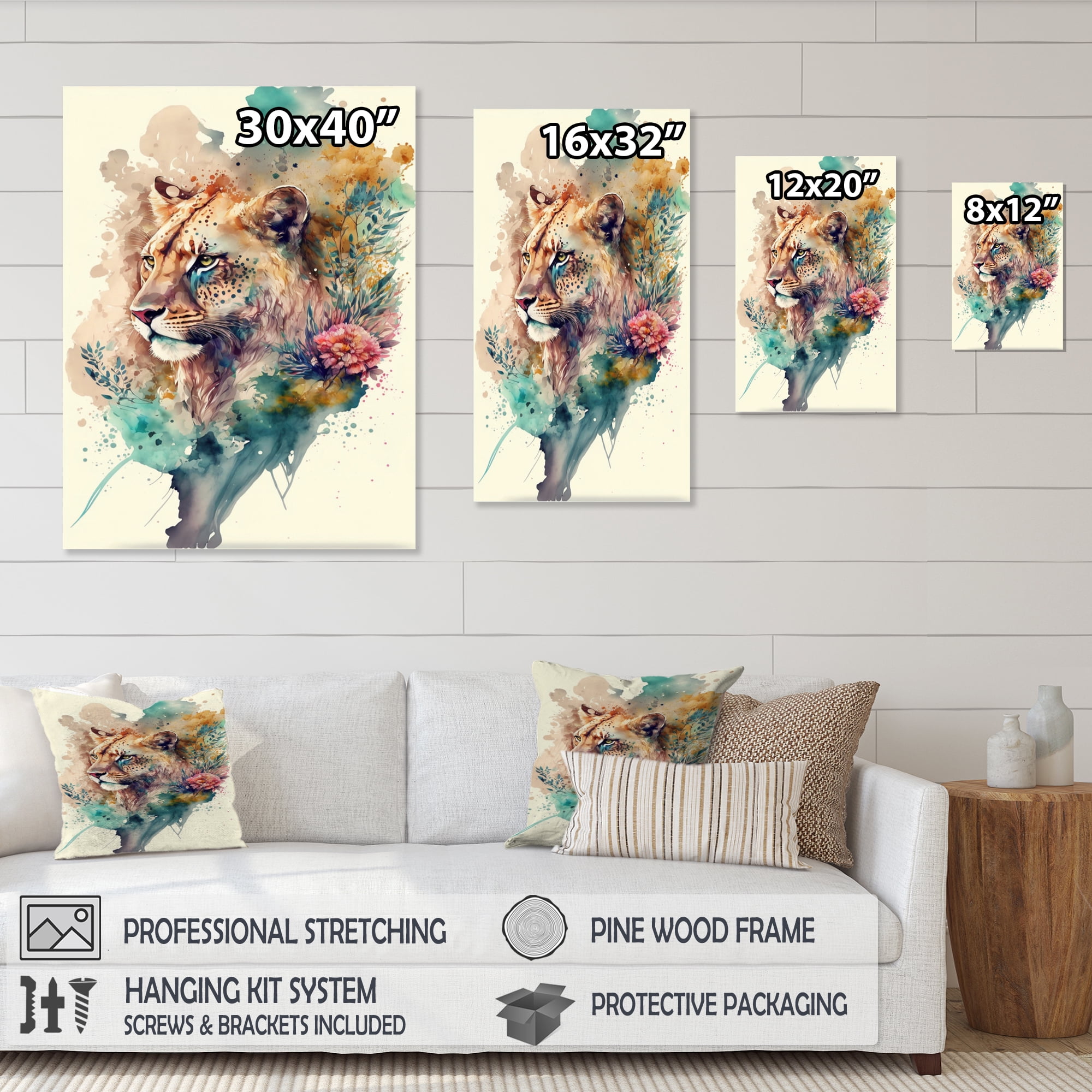 Designart Cute Lions Floral Art II Canvas Wall Art