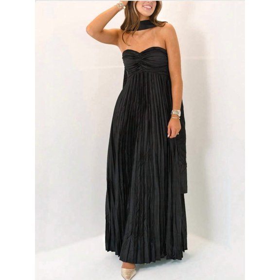 Black Pleated Strapless Maxi Dress With Choker Neckline And Ruched Bust