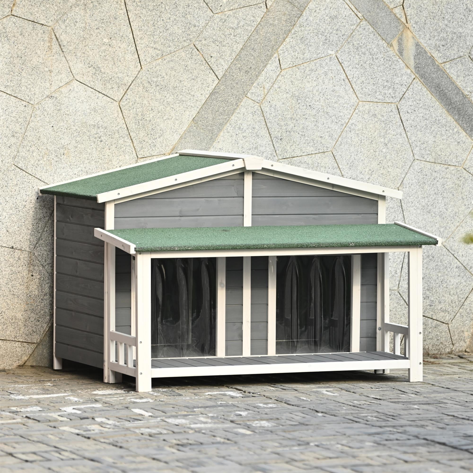 Pefilos 47" Wooden Dog House Outdoor & Indoor Dog Crate, Cabin Style, With Porch, 2 Doors Pet House for Large Dogs and Cat, Gray Pefilos 47" Wooden Dog House Outdoor & Indoor Dog Crate, Cabin Style, With Porch, 2 Doors Pet House for Large Dogs and Cat, Gray