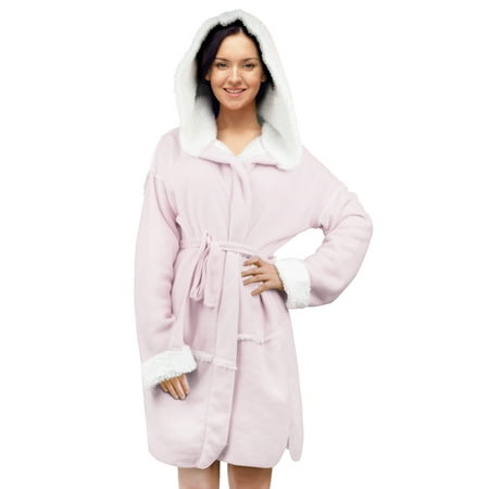 Tirrinia Womens Sherpa Hooded Robe Short Plush Bathrobe with Pockets Sleepwear