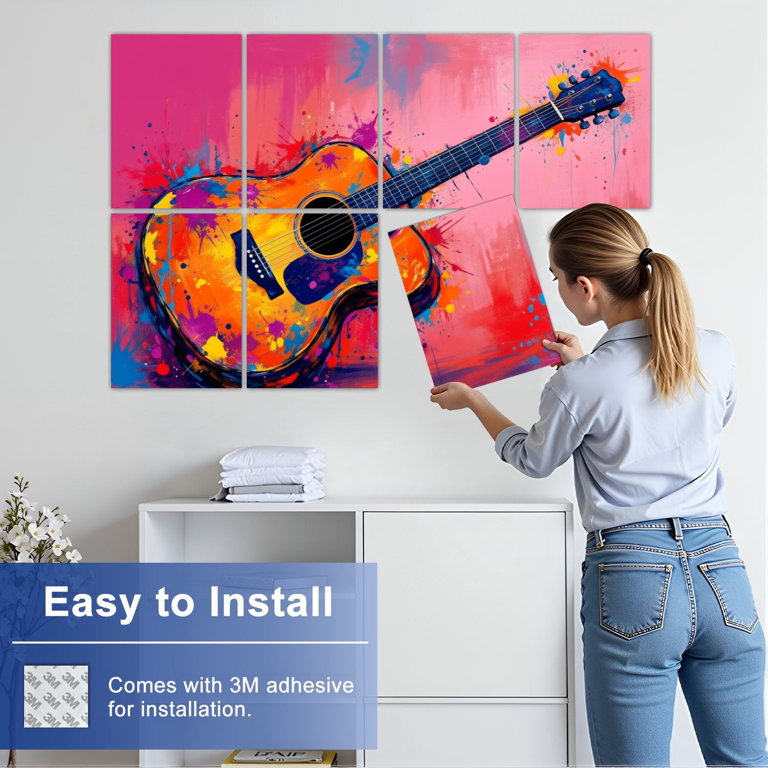 Musical 8 Pack Art Acoustic Panels Sound Absorbing Colorful Acoustic Guitar Paint Splatter Abstract Pop Decorative Soundproof Wall Panels Self Adhesive for Nursery Game Room Music Classroom 48"x32"