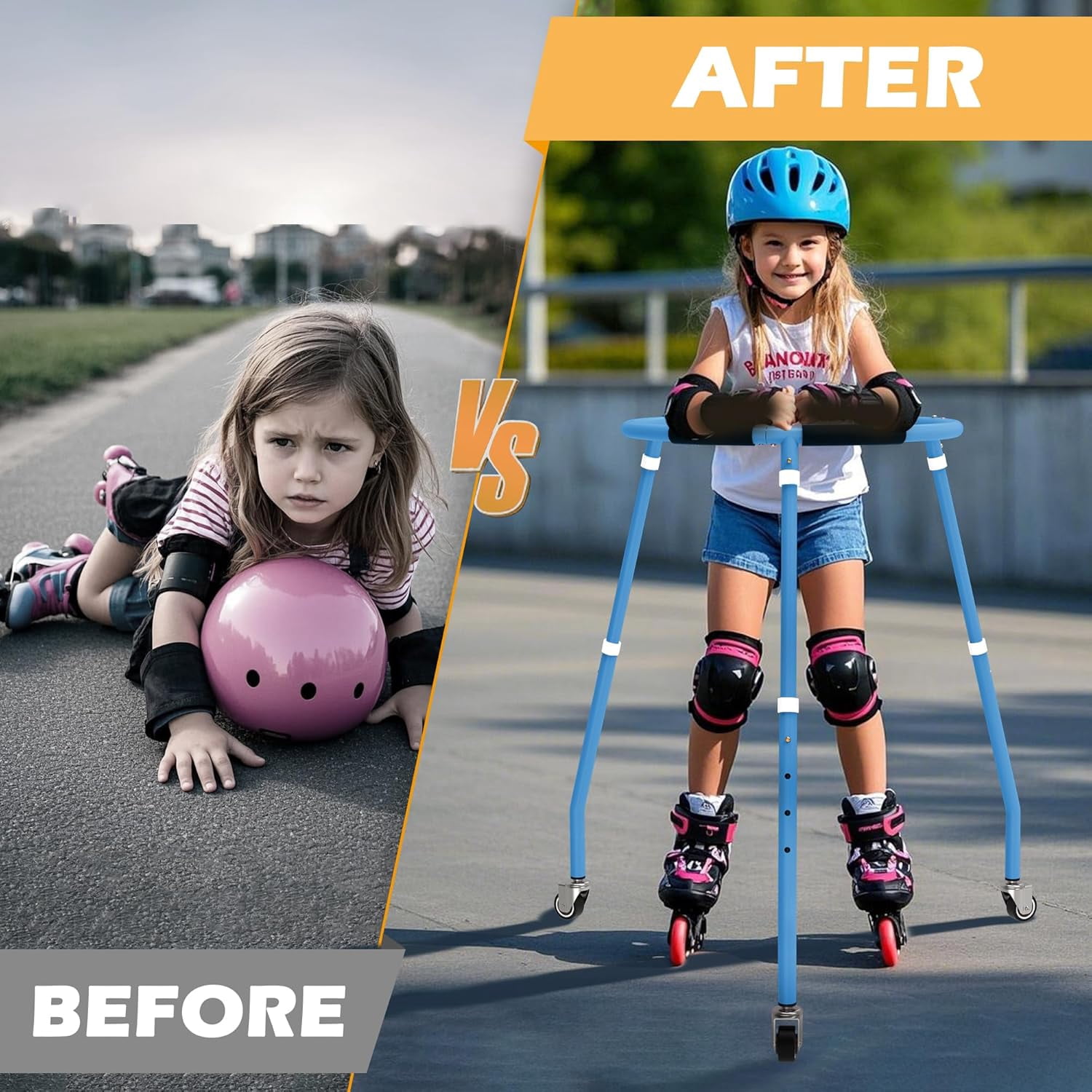 GanFindX Adjustable Skater Aid for Kids, Toddler Roller Skate Trainer with 3 Silent Wheels, Metal Frame, Height 70-85cm, Outdoor Skating Walker,Blue