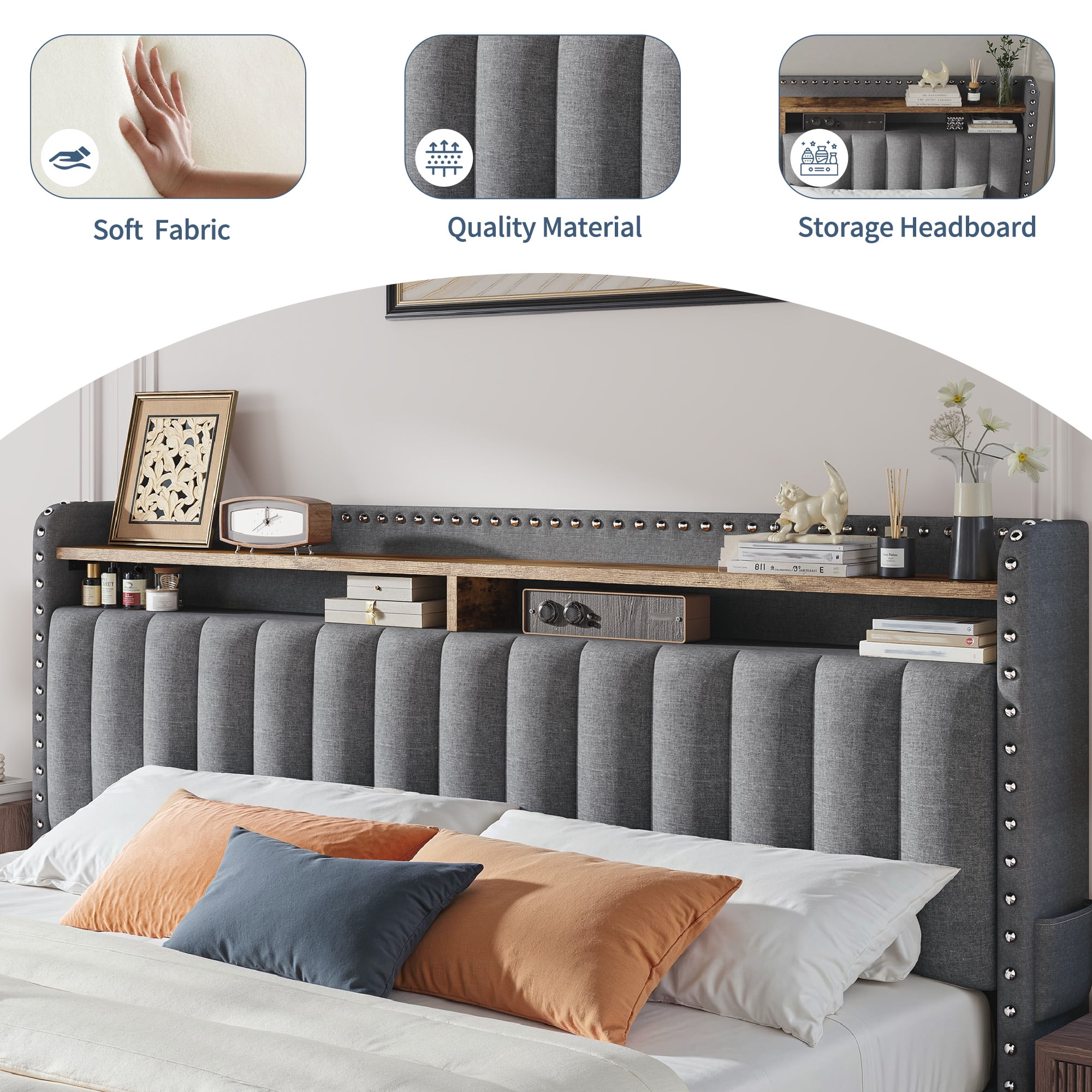 Queen Size Bed Frame with Headboard Bed Frame with 2 Drawers Bed Frame with Storage,Gray