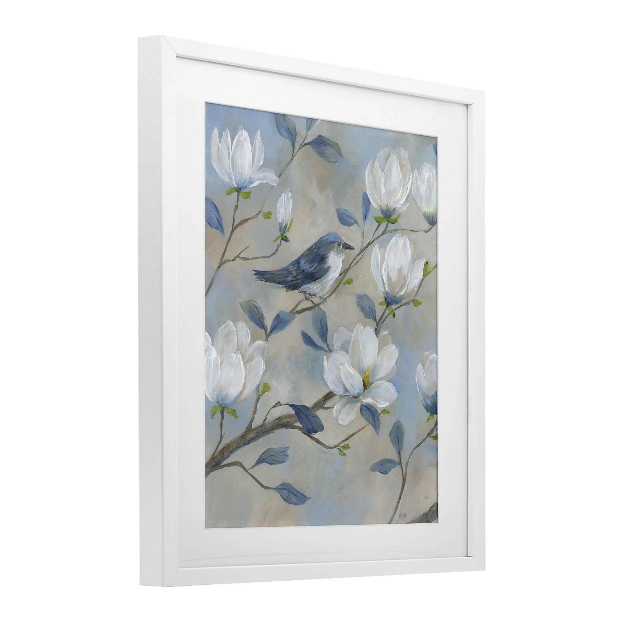 Stupell Industries Blue Bird & Magnolia White Framed Print Under Glass, design by Nan