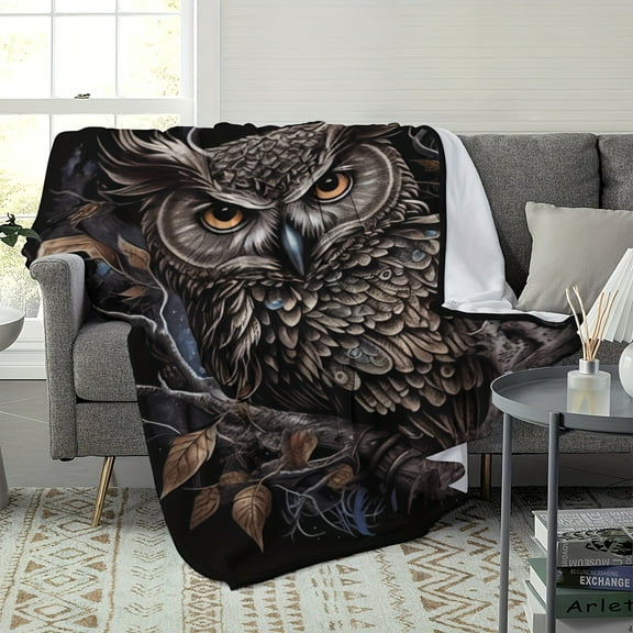 Midnight Forest Owl Fleece Blanket - Artistic 3D Print, Cozy & Warm Flannel Throw for All Seasons, Tear-Resistant &, Perfect for Couch, Bed, or Home Decor, Brown, Fabric