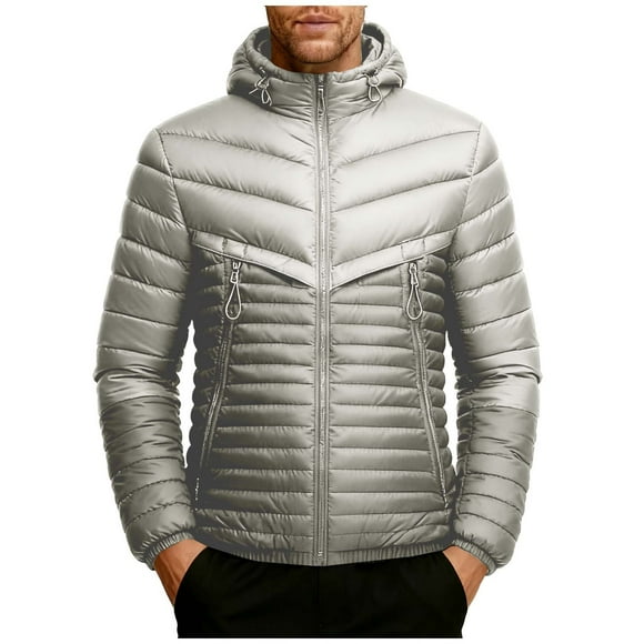 Lovzfmll Men's Puffer Jacket Detachable Hood Heavyweight Quilted Zippered Pockets Khaki, XL