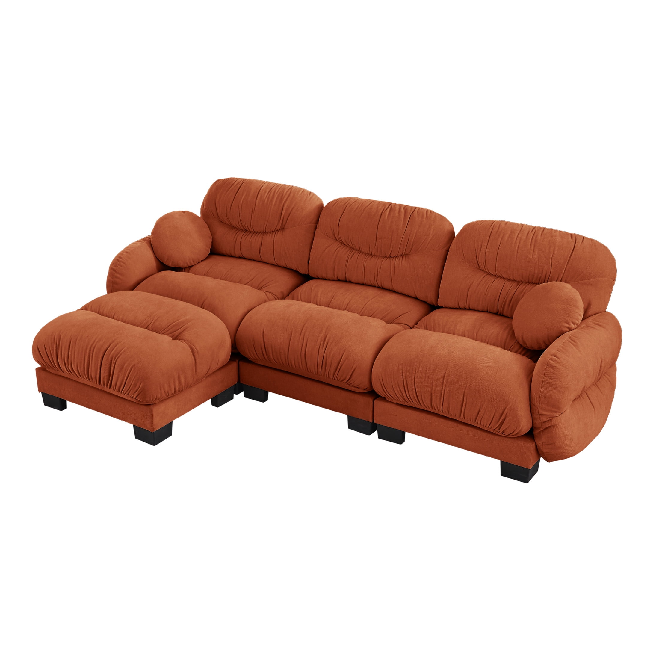 Noble House Corlan Pleated Chenille 3-Seater Sectional Sofa, Modular Deep Seat Couch with Ottoman and Throw Pillows, Orange