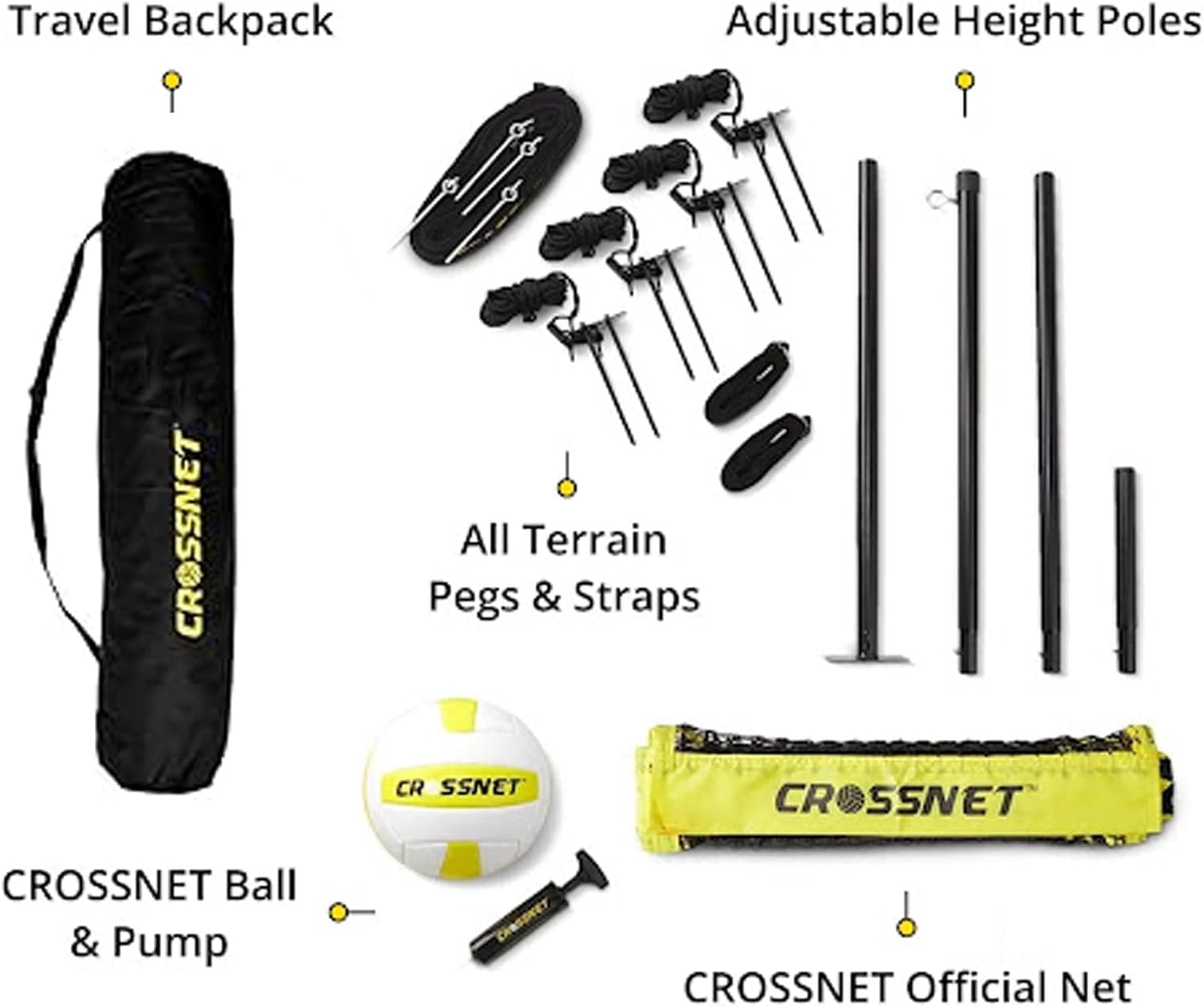 CROSSNET Quick Assemble 4 Square Volleyball Game Set for Adults and Kids with Volleyball Net, Backpack and Ball for Outdoor Games