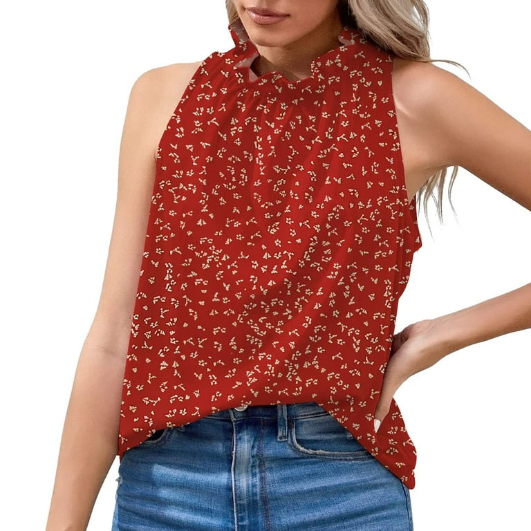 Tuphregyow Women s Clothes Floral Graphic Vest Teen Girls Sleeveless Turtleneck Tunic Oversized T Shirts for Women Y2K Clothing Off Shoulder Tank Tops for Women Sexy Cami Summer Camisole Red XXL Walma...