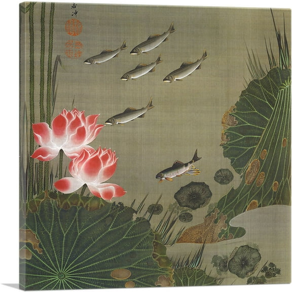 ARTCANVAS A Shoal of Trout and Lotus Canvas Art Print by Jakuchu Ito - Size: 18" x 18" (0.75" Deep)