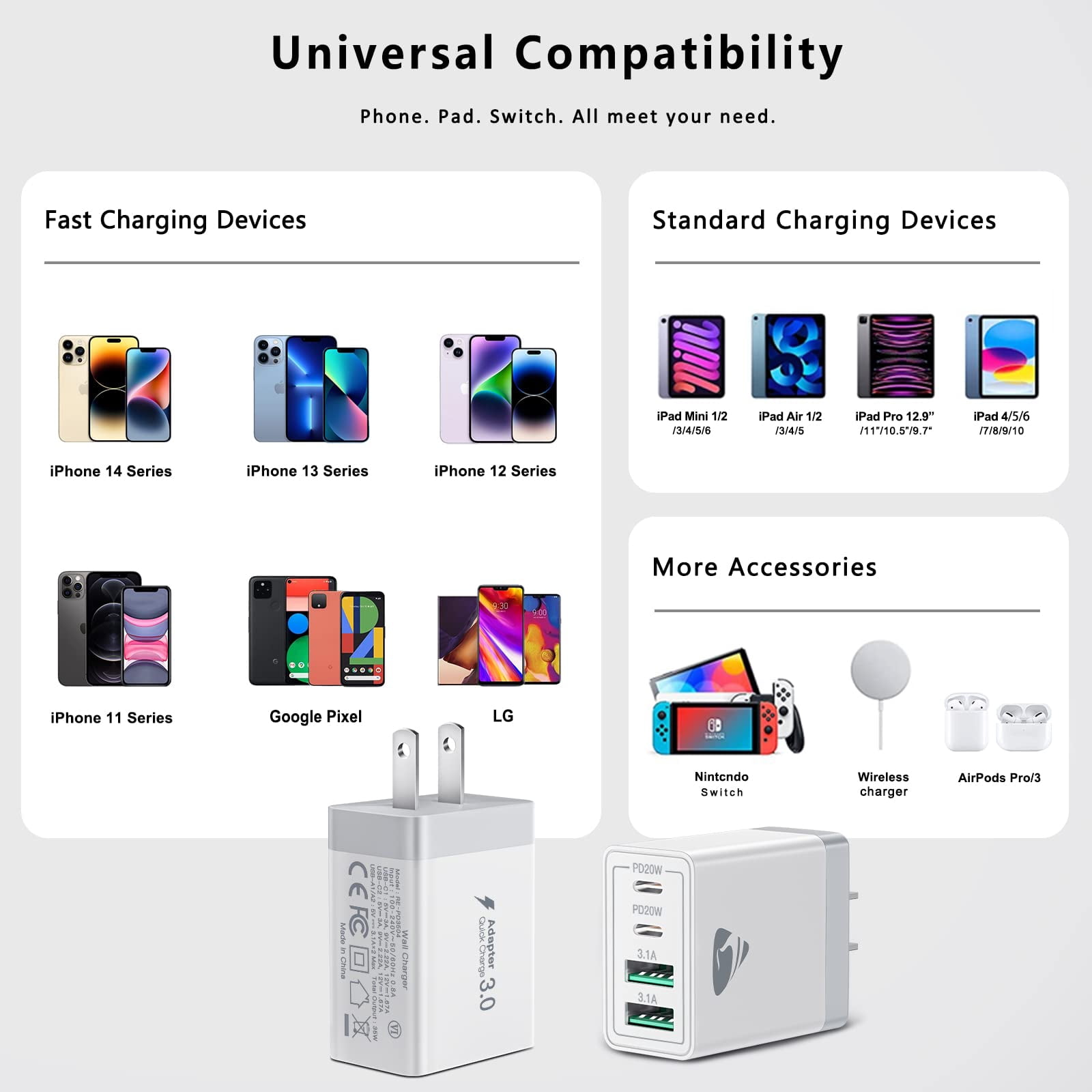 pannbo Flat USB Wall Charger 10W 5V 2A Retractable Plug Ultra-Slim Travel Charging Block AC Power Adapter for iPhone iPad Samsung Tablet White