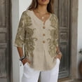 thumbnail image 5 of Craaazy Women's Oversize 3/4 Sleeve Cotton and Linen Shirts Floral Prints Breathable Loose Fit V-neck Button Clothes (S-2XL) Gifts, 5 of 8