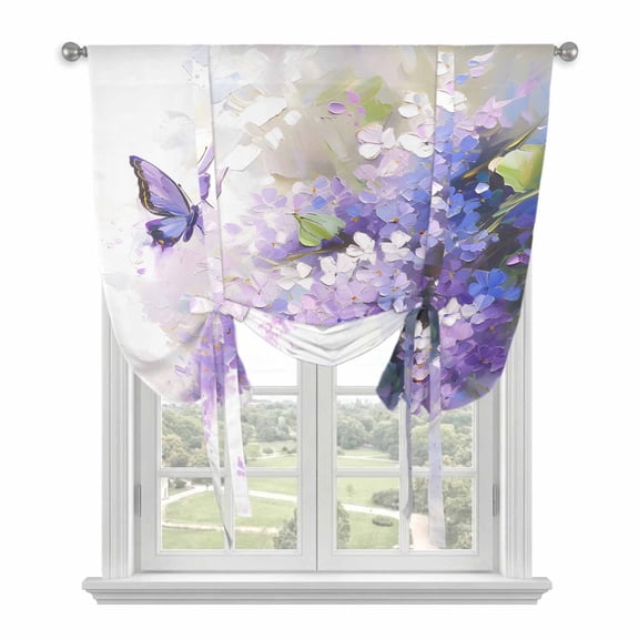 Oil Painting Tie Up Curtains Window Shades, Art Purple Lavender Butterfly Rod Pocket Tie Up Window Shade Adjustable Balloon Curtain Shade for Blinds Kitchen Bathroom, 1 Panel, 52"x63"