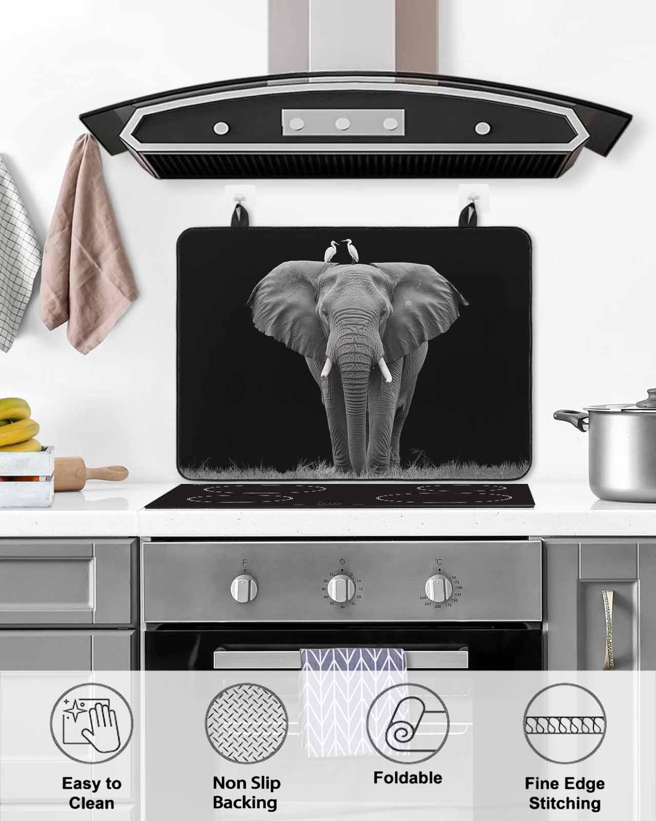 nqOlkjepod Large Induction Cooktop Protector Mat 24"x21", Elephant Bird Stove Top Covers for Electric Stove, Modern Pastoral Animal Black Grey Stove Burner Cover Mats, Glass Top Stove Cover