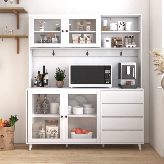 63" Large Kitchen Hutch Cabinet, Freestanding Pantry Storage Cabinet with 4 Doors, 4 Drawers & Microwave Shelf, Kitchen Cupboard Organizer, White