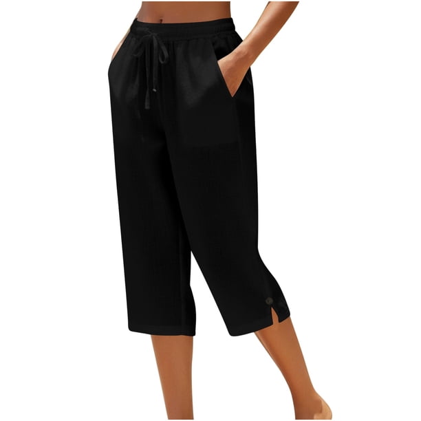 Pantalones de Lino Mujeres Outfits de Vacaciones Casual Elástico de la Cintura Cordón Suelto Recto Tubo Capris para la Playa de Verano