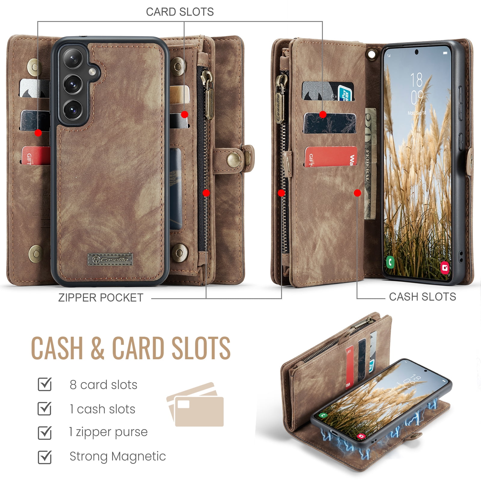 Dteck 2 in 1 Detachable for Samsung Galaxy A36 5G Wallet Case with Card Holder, Shockproof Retro Premium Flip Leather Cover Magnetic Zipper Pocket Phone Cases, Darkbrown