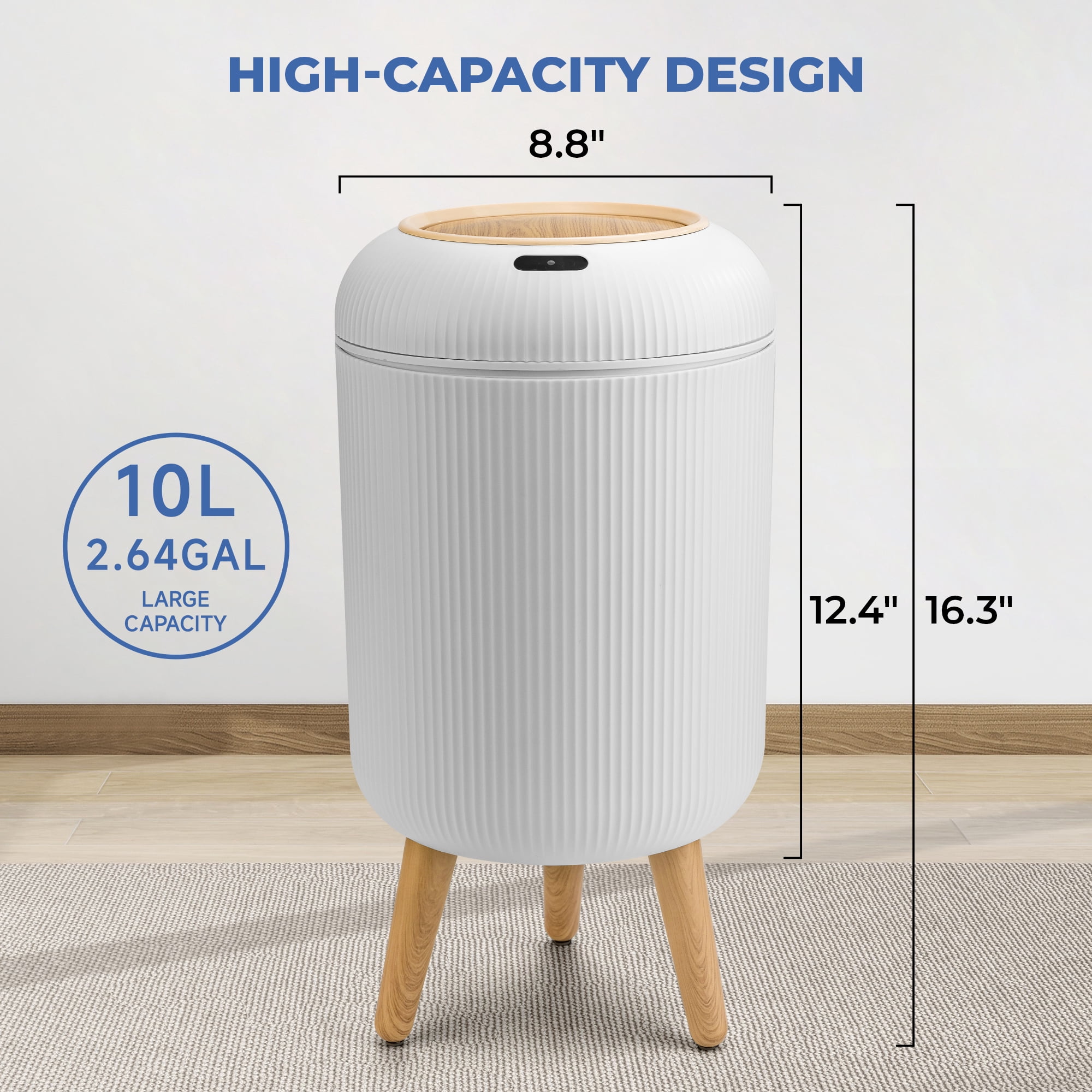 SUSLAS Trash Can with Motion Sensor, Touchless Automatic Lid and Waterproof Design, Smart Waste Bin for Bathroom Kitchen, 2.6 Gallon Plastic, White