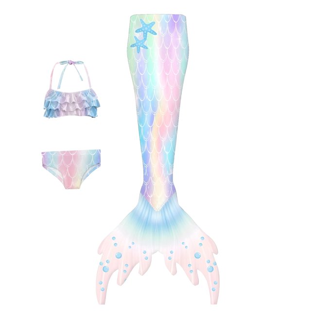 Swimsuits for Women Ruffled Top Mermaid Performance 3 Piece with Fish Tail Design Light Blue Womens Bathing Suits M
