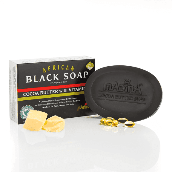 Madina African Black Soap, Cocoa Butter & Vitamin E, Moisturizing & Skin-Restoring Soap for Marks & Blemishes, Face & Body Care, (6 Pack, 3.5 oz Each)