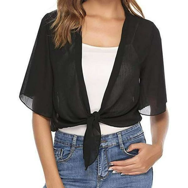 Womens Half Sleeve Shrug Tie Front Cropped Open Front Chiffon Cardigan ...