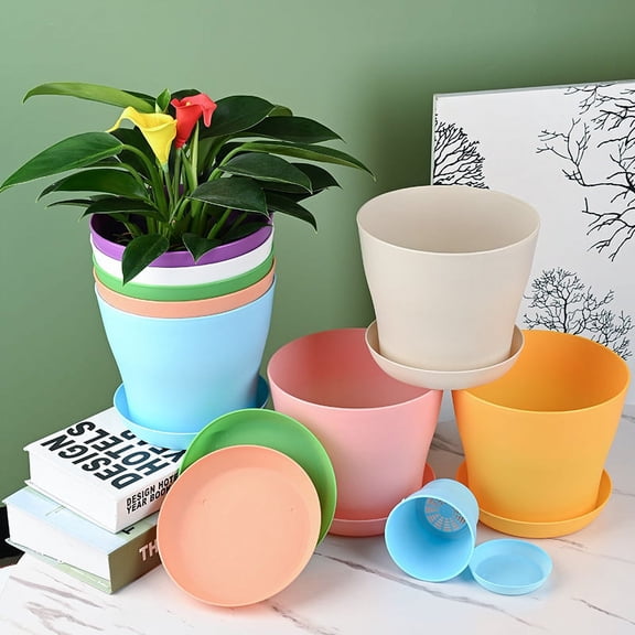 8 Pcs Plastic Planters Indoor Flower Plant Pots, 5.5" Mini Flower Seedlings Nursery Pot/Planter/Flower Pot with Pallet, Modern Decorative Gardening Containers