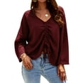thumbnail image 1 of Women Drawstring Ruching Front V Neck Long Sleeve Waffle Top, 1 of 4