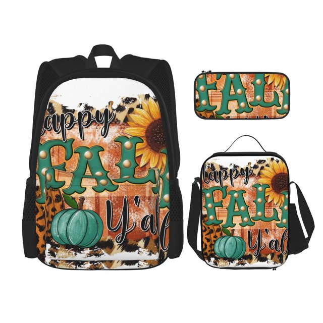 Easygdp Happy Fall Y'All Mochila para Niños y Niñas con Set de Caja de Almuerzo y Estuche para Lápices 3 en 1, Mochila Escolar Estampada para Adolescentes